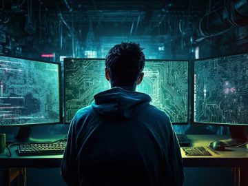 Hacker looking at screens