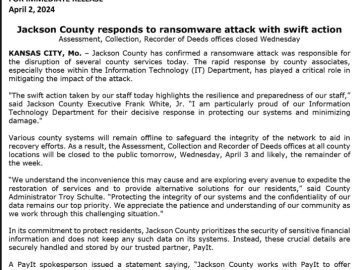 Jackson County Missouri discloses a ransomware attack