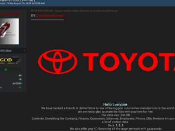 Toyota disclosed a data breach after ZeroSevenGroup leaked stolen data