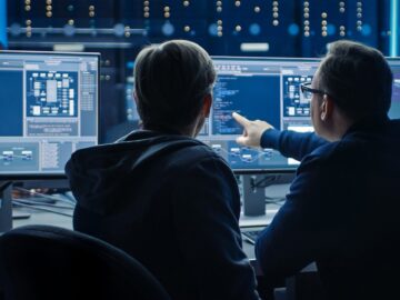 People pointing at a computer screen