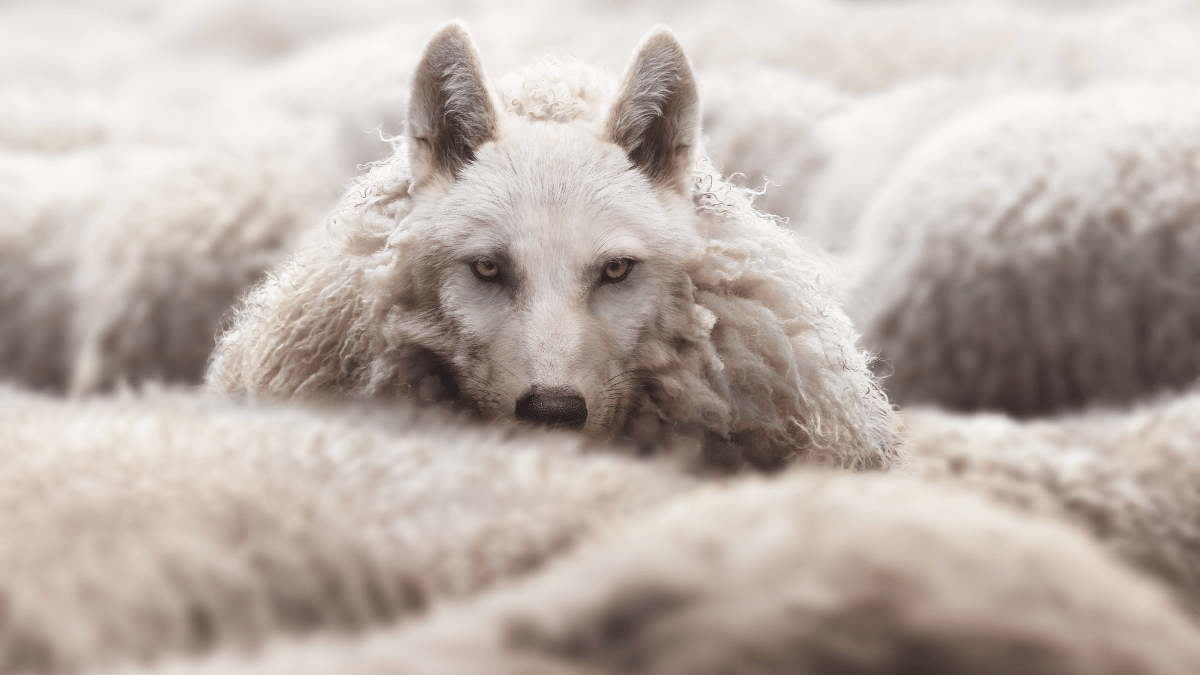 Image of wolf disguised as a sheep among a flock of sheep