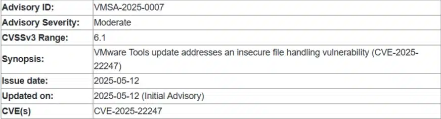 Broadcom Patches VMware Tools Vulnerability CVE-2025-22247 CVE-2025-22247