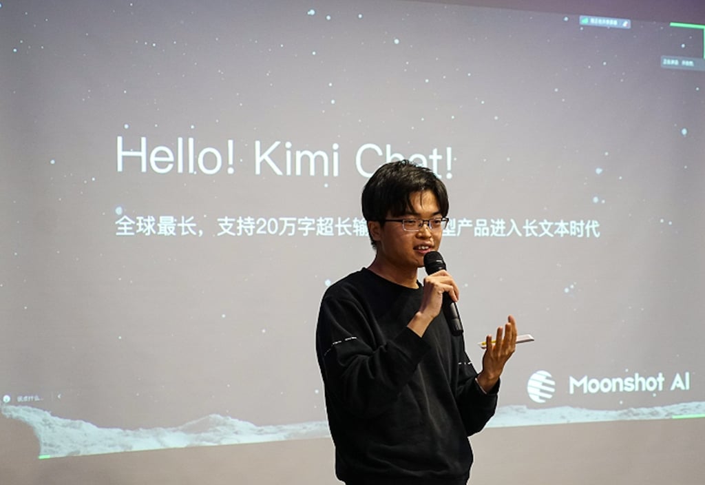 Moonshot AI founder Yang Zhilin introduces the company’s Kimi chatbot. Photo: Weibo/极客公园