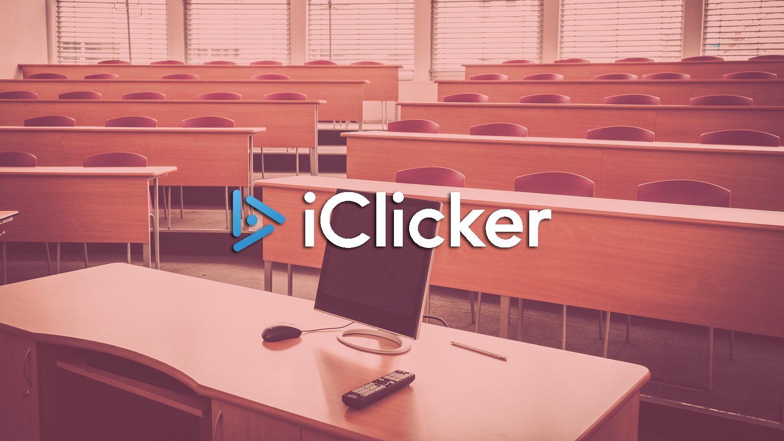 iClicker logo over an empty college classroom