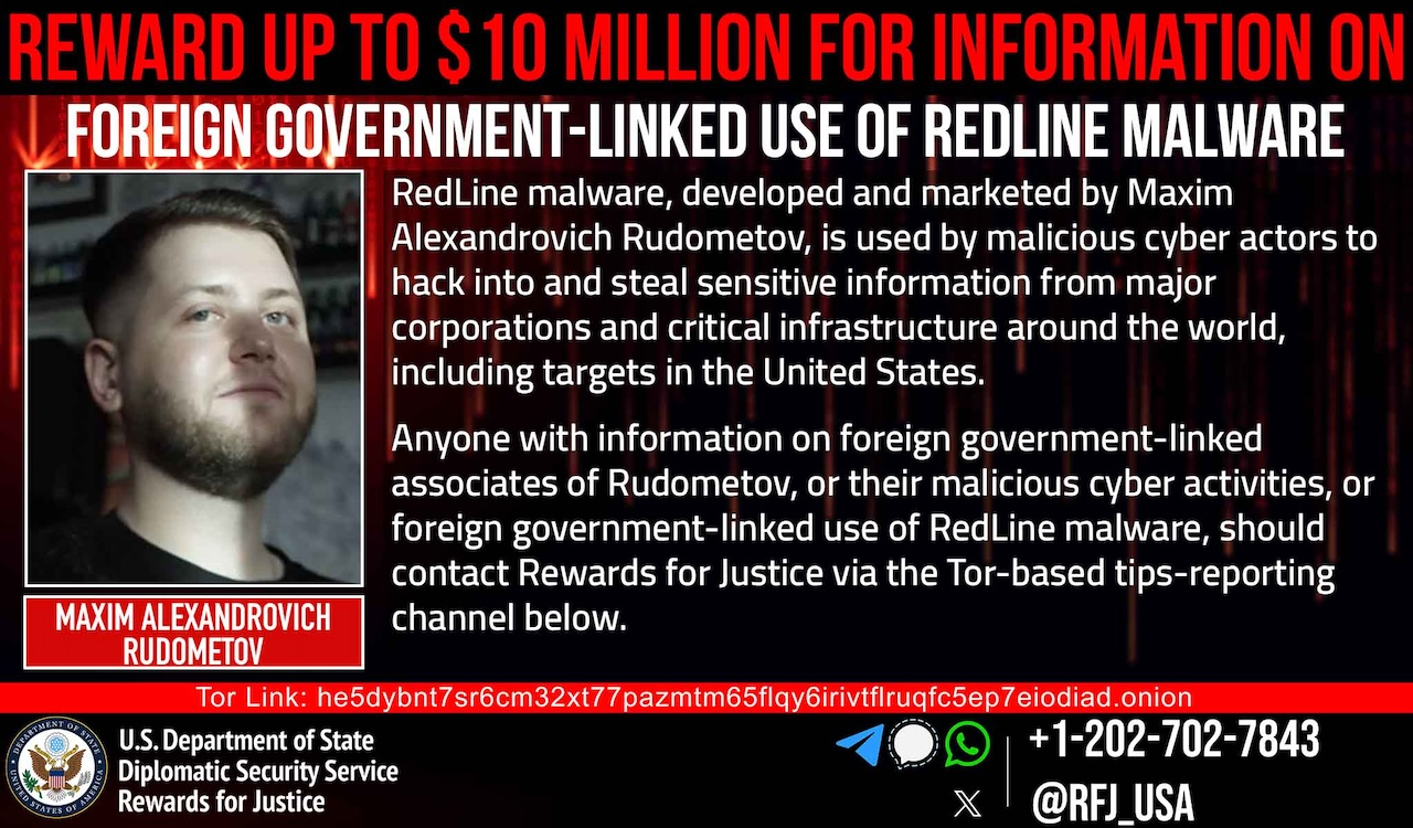 U.S. Offers $10M bounty for info on RedLine malware creator and state hackers