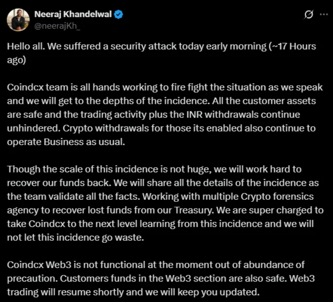 CoinDCX cyberattack confirmed