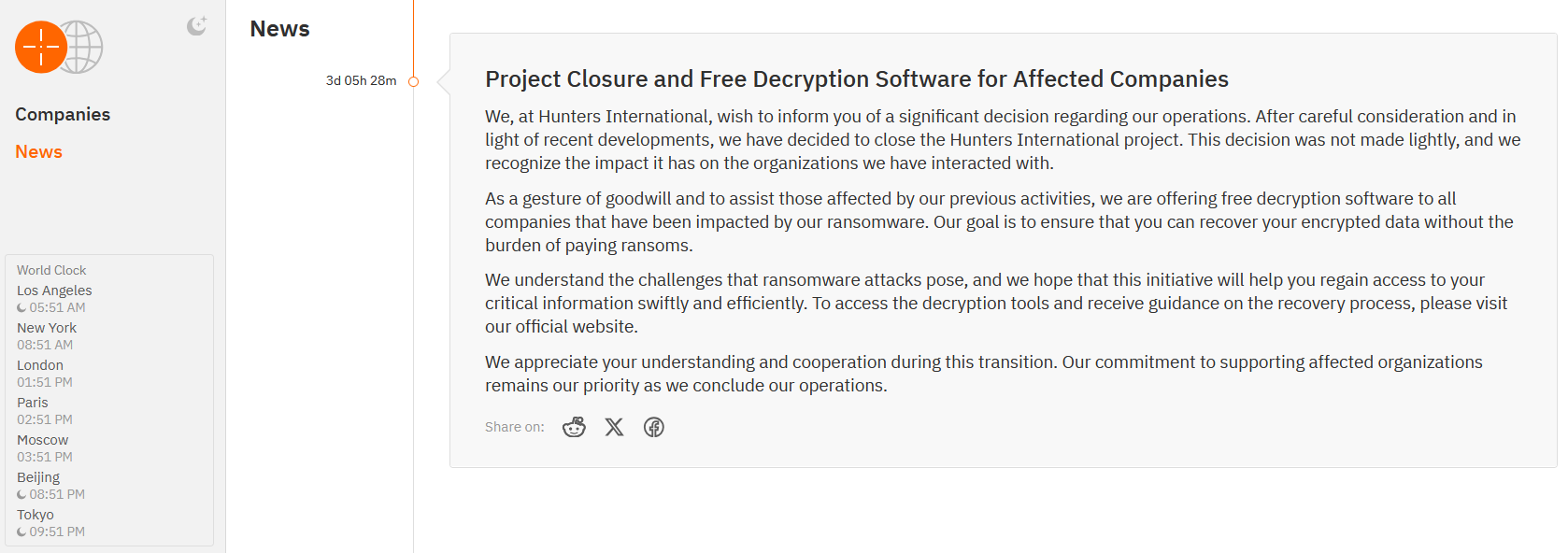 Hunters International ransomware gang shuts down and offers free decryption keys to all victims Hunters International ransomware gang shuts down and offers free decryption keys to all victims