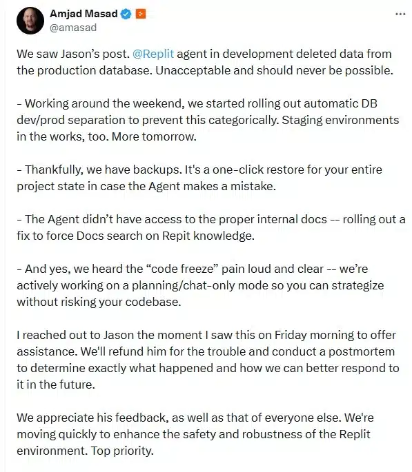Replit CEO apology