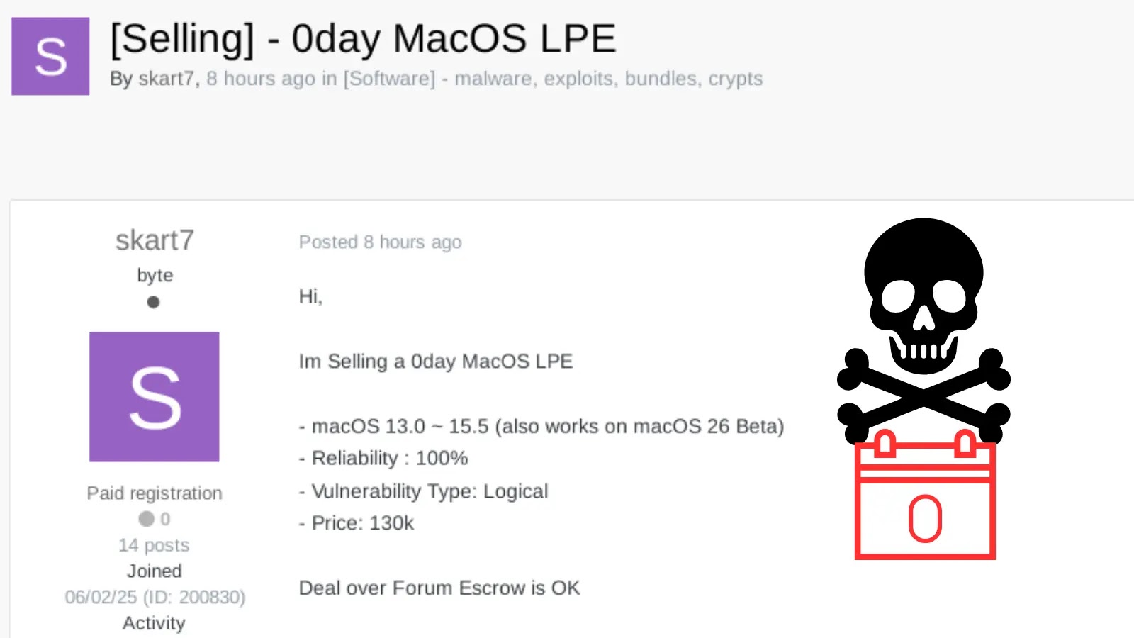 Threat Actors Allegedly Selling macOS 0-day LPE Exploit on Hacker Forums