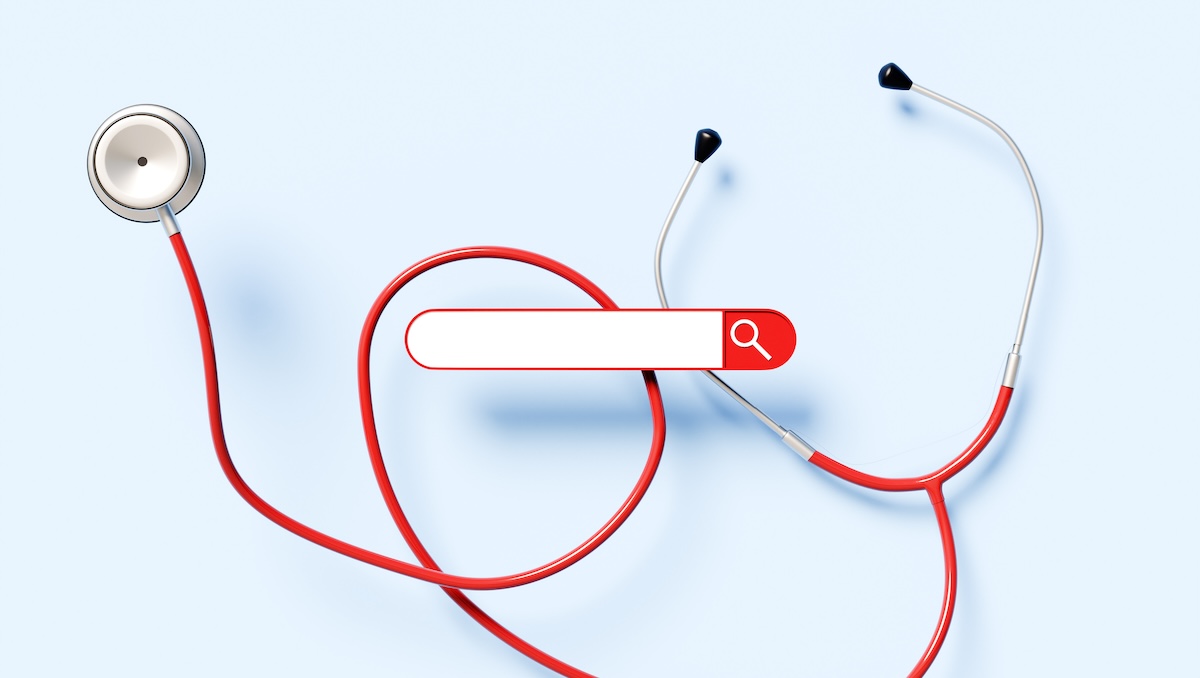 A search box is placed in front of an image of a medical stethoscope.