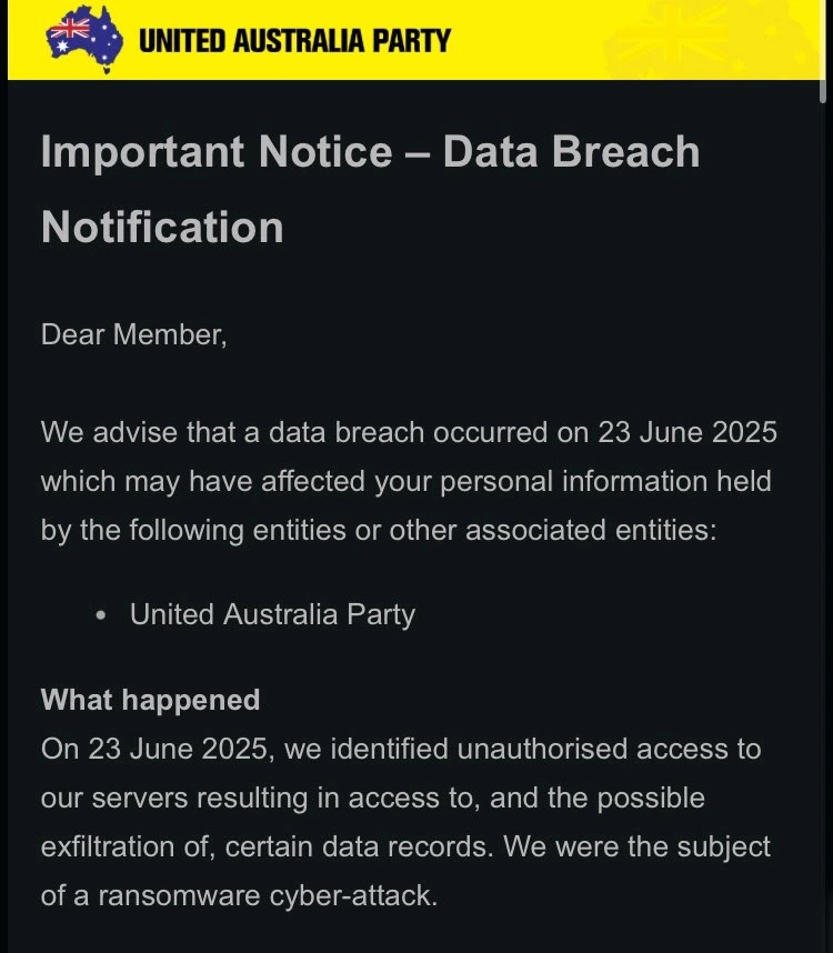 United Australia Party Confirms UAP Data Breach UAP Data Breach confirmed