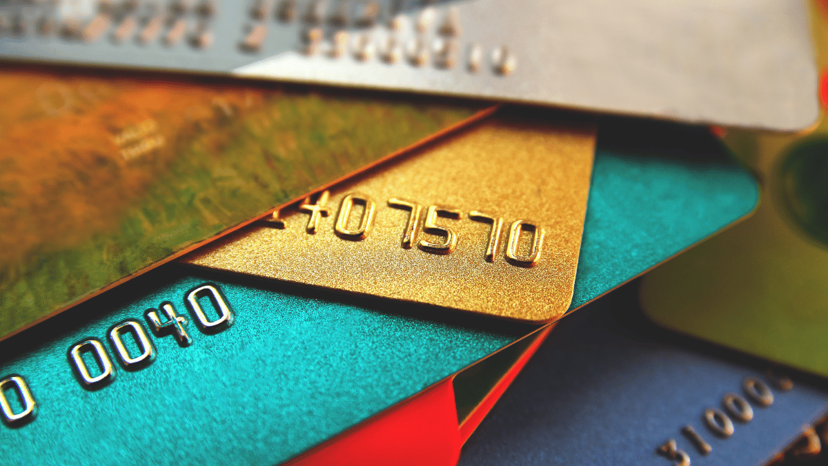 Bank cards close up in different colors