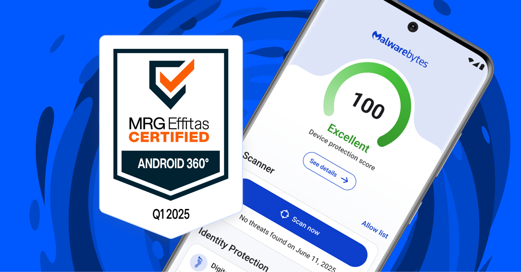 MRG Effitas award logo and a screenshot of the Malwarebytes Mobile Security app