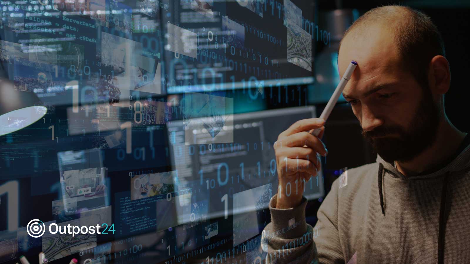 Outpost24 header of a man thinking