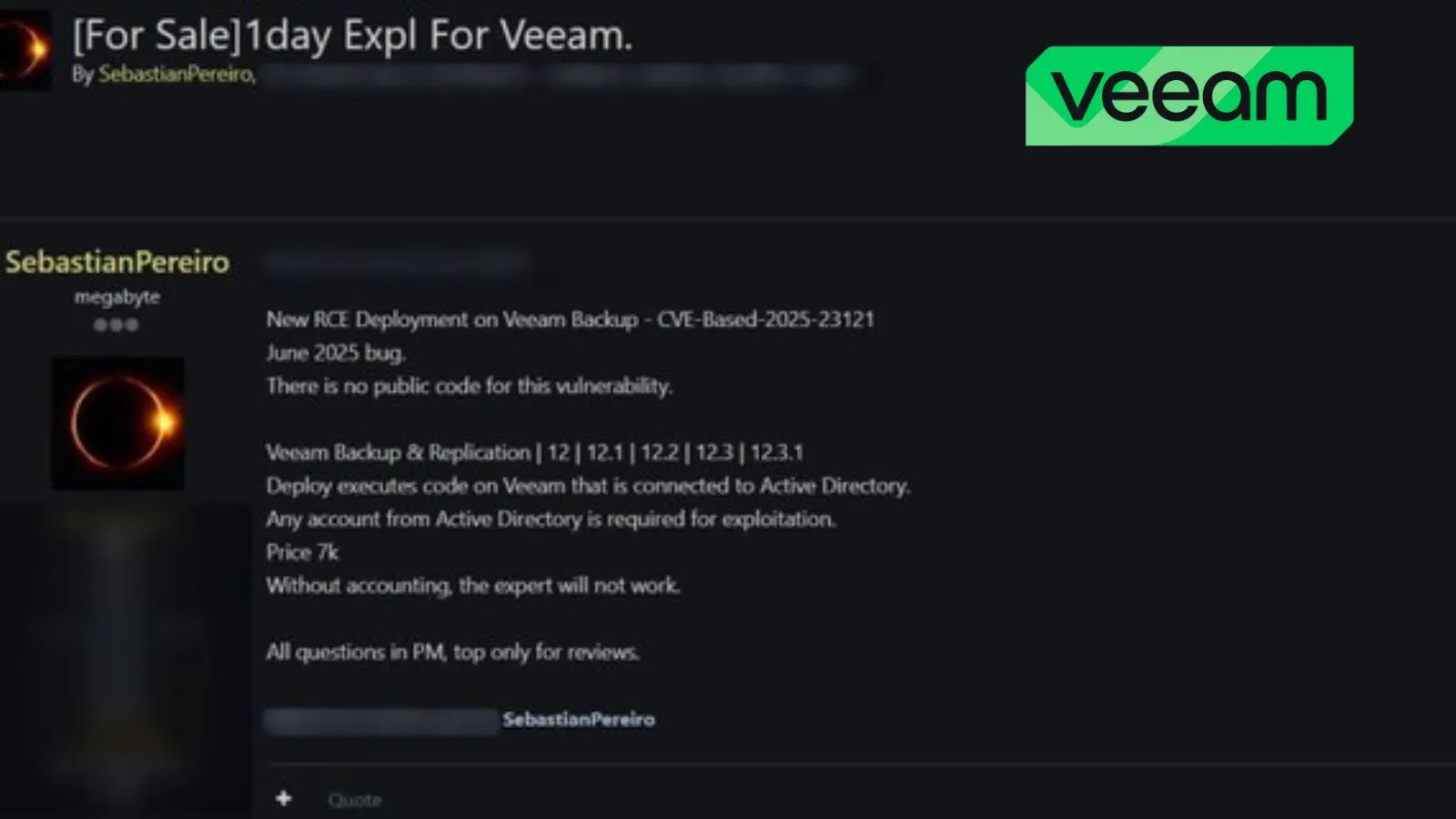 Veeam RCE Exploit Allegedly Listed for Sale on Dark Web Veeam RCE Exploit Allegedly Listed for Sale on Dark Web