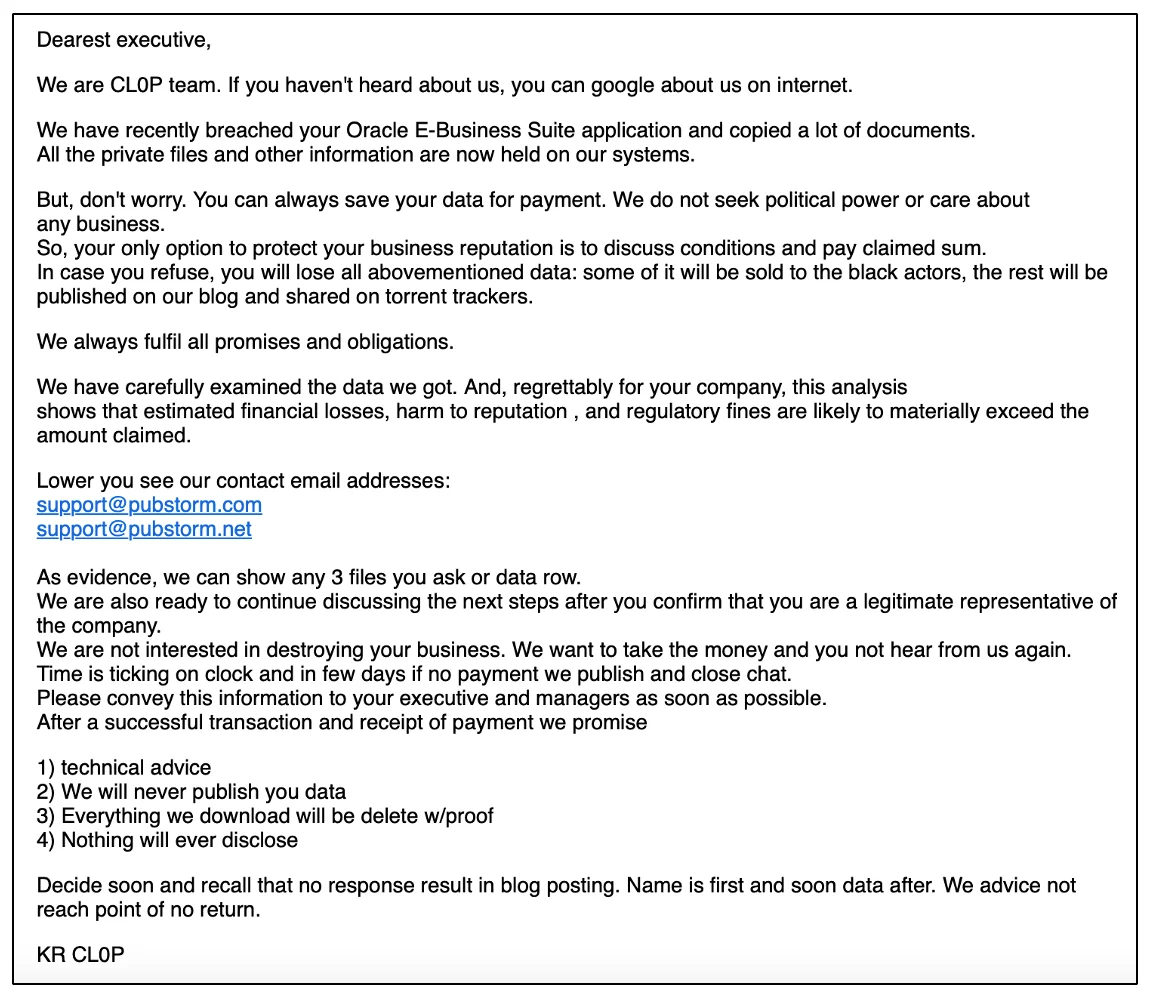 Cl0p exploits Oracle E-Business Suite zero-day in data theft, extortion campaign (CVE-2025-61882) Cl0p exploits Oracle E-Business Suite zero-day in data theft, extortion campaign (CVE-2025-61882)