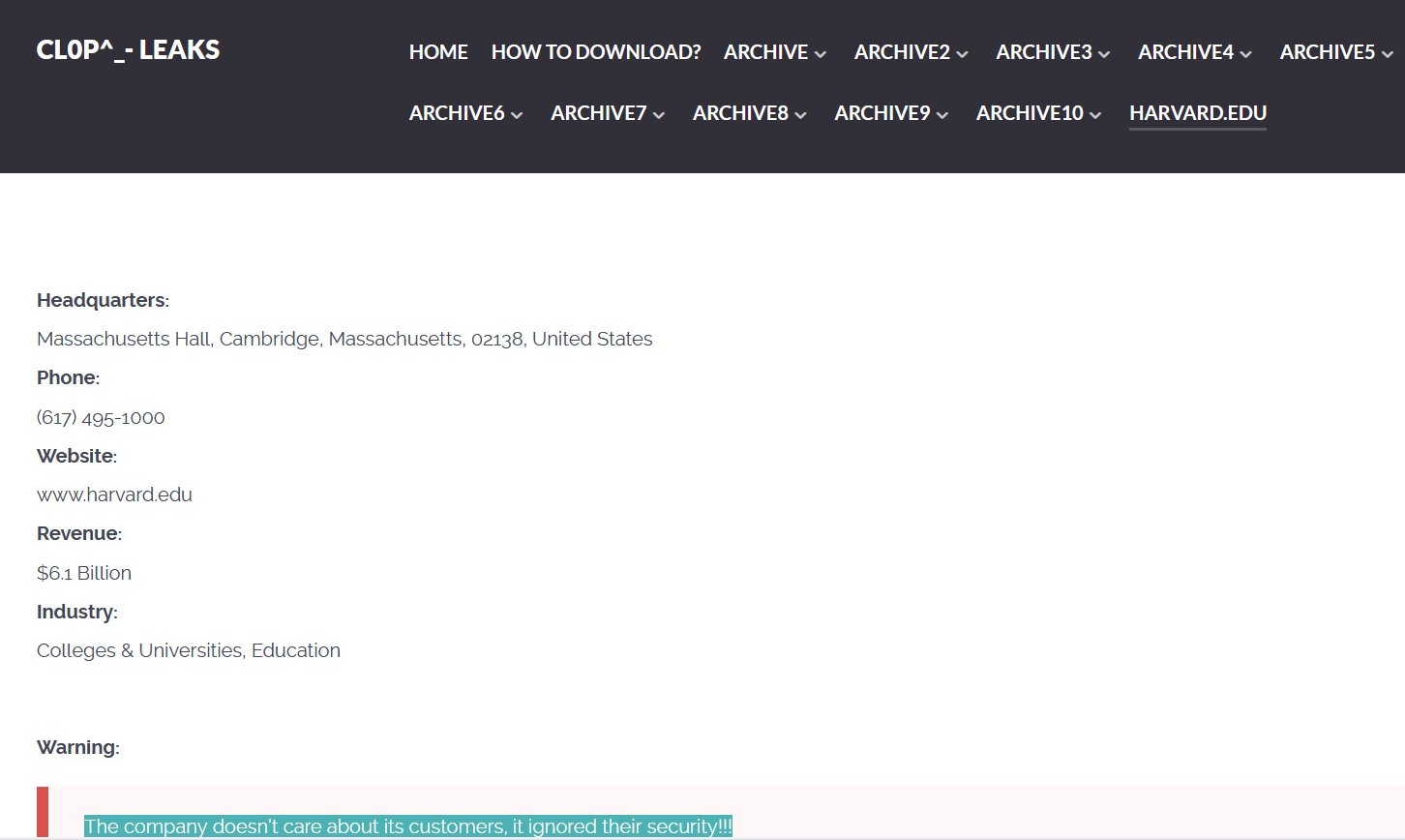 Clop Ransomware group claims the hack of Harvard University