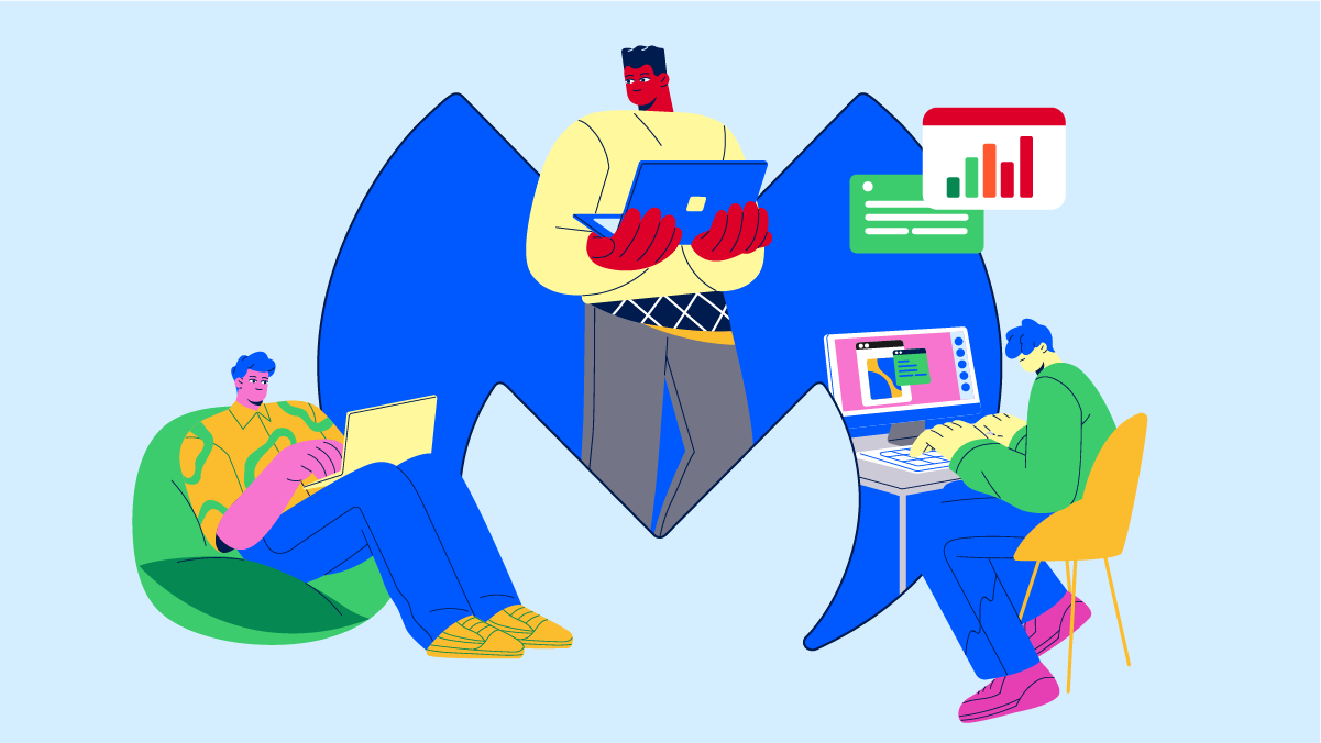 The Malwarebytes logo rests behind three illustrated people working on their laptops.