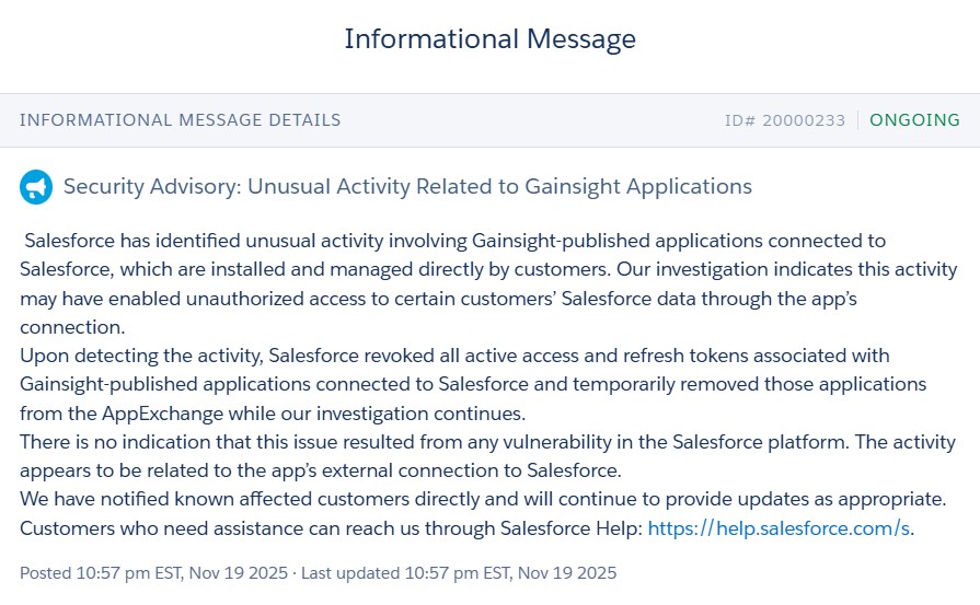 Salesforce Warns that Customer Data May Have Been Accessed Through Gainsight App