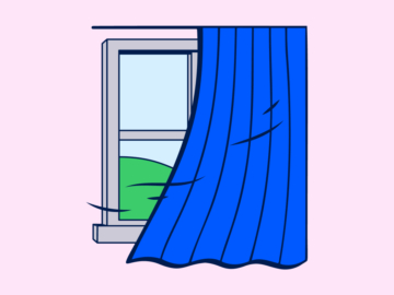 An illustration of a curtain being closed over a window