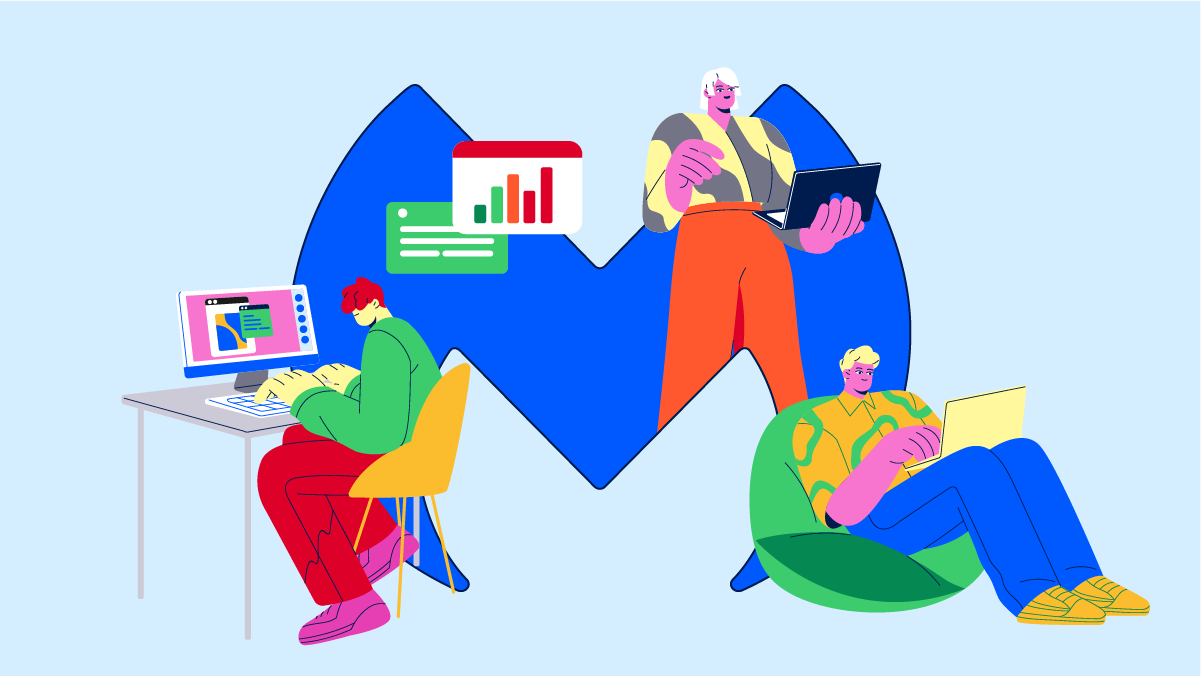 The Malwarebytes logo rests behind three illustrated people working on their laptops.