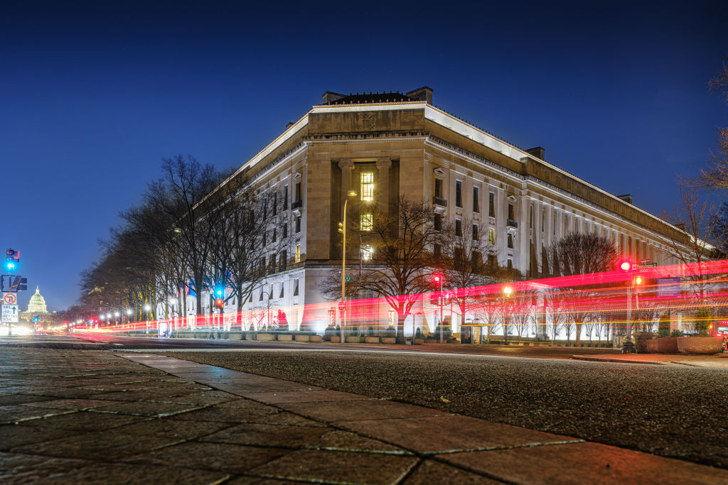 Justice Department headquarters at night