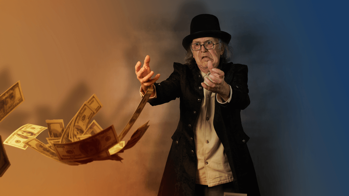 Scrooge running after lost money