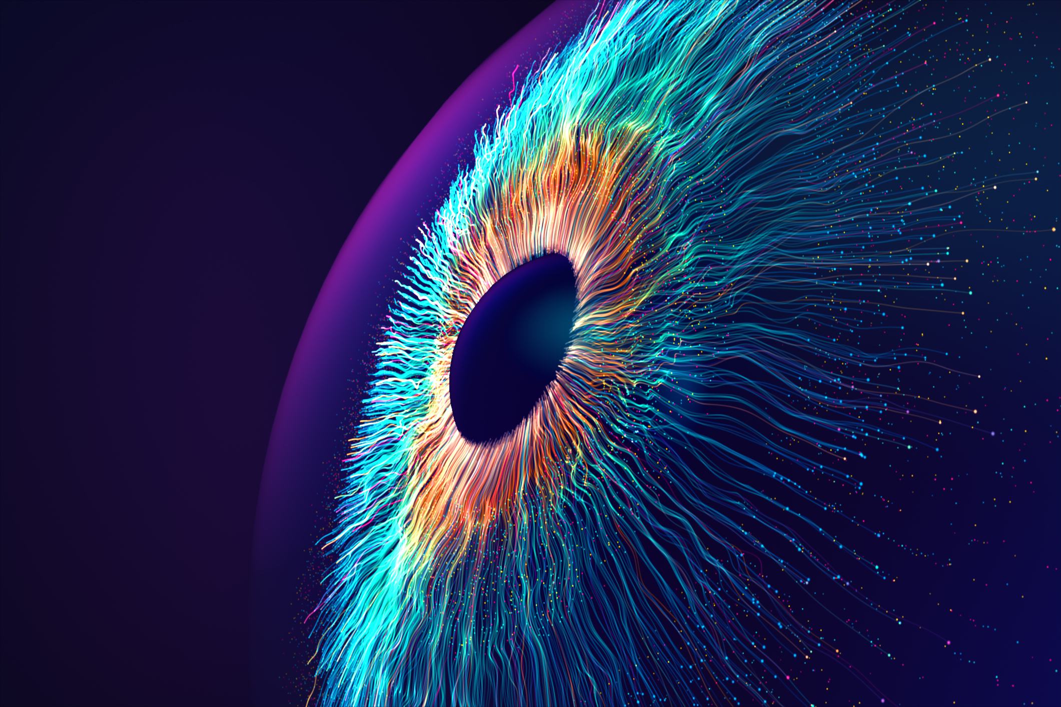 Digital generated image of multicolored particles forming eye shape against black background. (Getty Images)