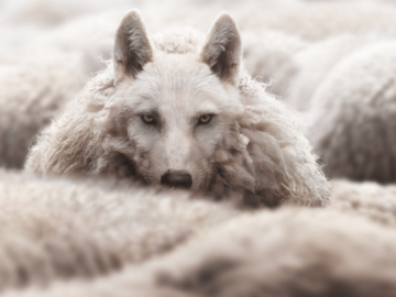 Criminals are using AI website builders to clone major brands Image of wolf disguised as a sheep among a flock of sheep