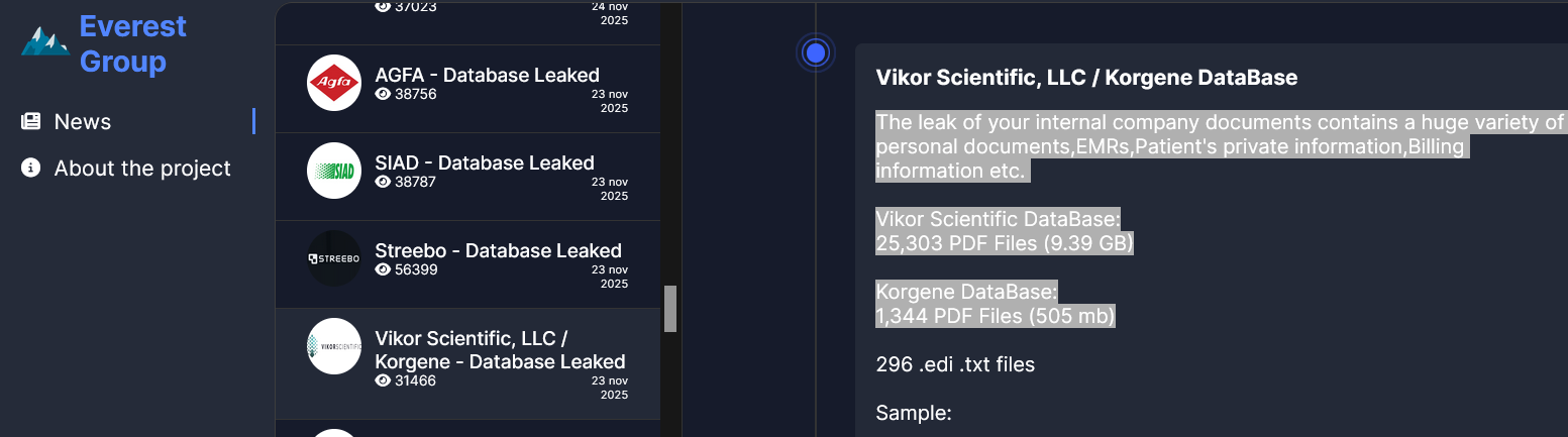 Everest ransomware hits Vikor Scientific 's supplier, data of 140,000 patients stolen