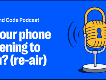 An illustrated padlock is mounted into a microphone stand with sound waves emitting from the device.