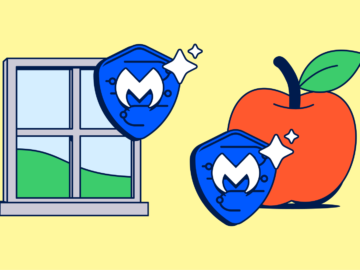 Scam Guard for desktop: A second set of eyes for suspicious moments The logo for Malwarebytes Scam Guard placed in front of a Window and an apple