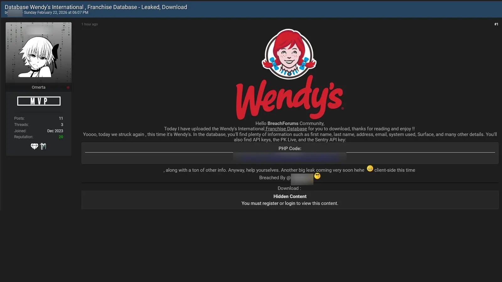 Threat Actor Allegedly Claimed Leak of Wendy's International Franchise Database