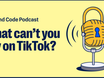 What can’t you say on TikTok? An illustrated padlock is mounted into a microphone stand with sound waves emitting from the device.