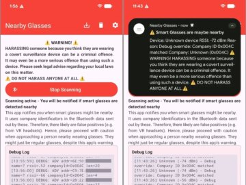 side-by-side screenshots showing the Nearby Glasses app working, with a phone notification alerting the user that there's a nearby glasses wearer.