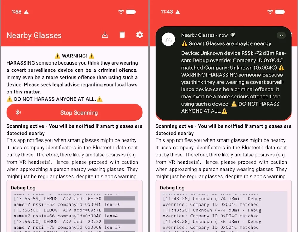 side-by-side screenshots showing the Nearby Glasses app working, with a phone notification alerting the user that there's a nearby glasses wearer.