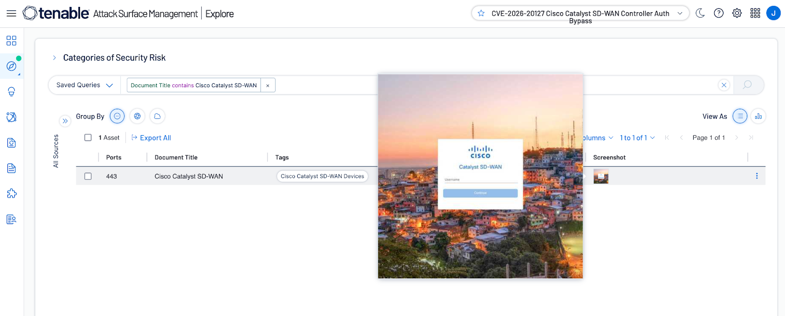 Tenable  Attack Surface Management Cisco Catalyst SD-WAN Controller Query Screenshot