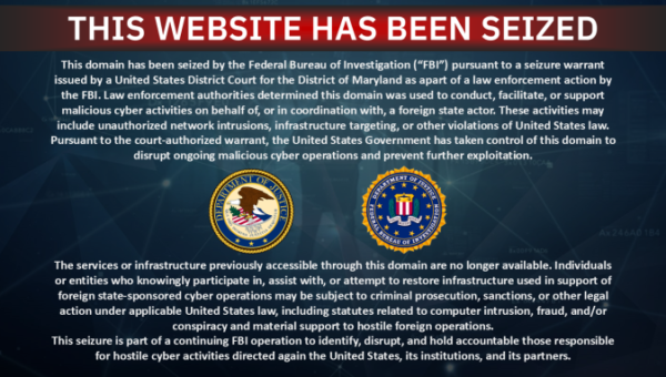 A website takedown and seizure notice by the FBI and the U.S. Department of Justice, which replaced the contents of two websites linked to the pro-Iranian hacktivist group Handala.