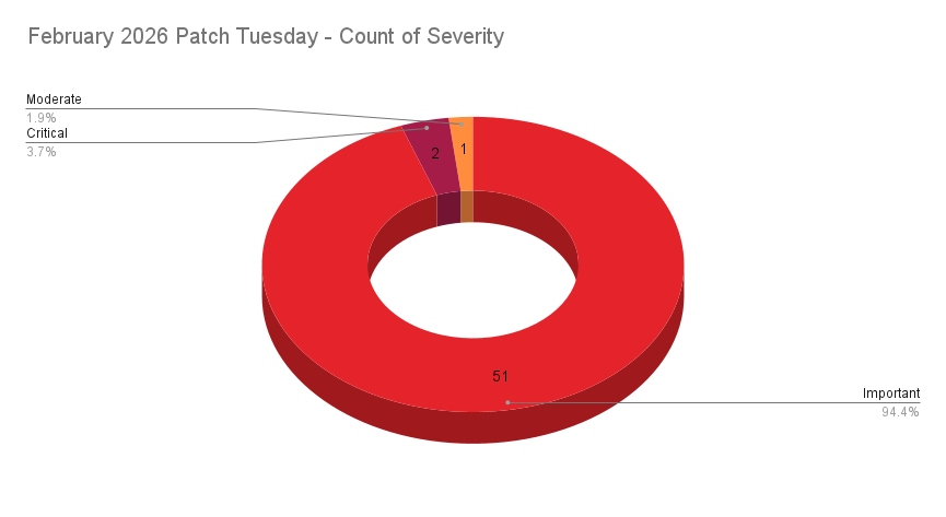 A pie chart showing the severity distribution across the Patch Tuesday CVEs patched in February 2026.