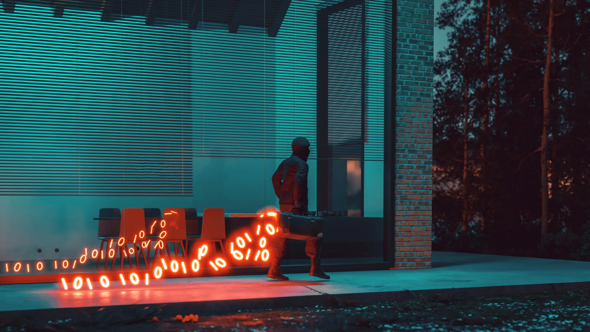 A figure walking with a glowing trail of binary code emanating from a case, symbolizing stolen data. (Getty Images Plus)