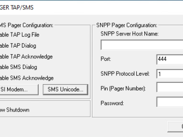 The image shows a settings window for MMXPAGER TAP/SMS configuration. It includes checkboxes and fields for enabling TAP log file, TAP and SMS dialogs, acknowledgments, ANSI Modem, and SMS Unicode. There are input fields for SNPP server host name, port (set to 444), SNPP protocol level, pin, and password. There's also a dropdown menu option to allow shutdown.