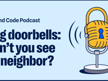 An illustrated padlock is mounted into a microphone stand with sound waves emitting from the device.