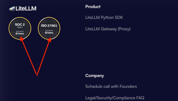 LiteLLM website features security cert by Delve
