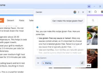 Screenshot of Gemini Live in a Chrome browser. The end user asks if the recipe feeatured on the browser page can be made gluten free. Gemini lists tips after the question.
