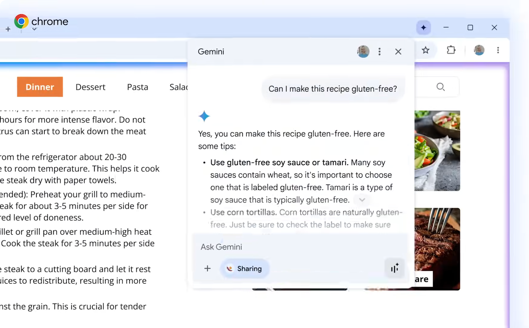 Screenshot of Gemini Live in a Chrome browser. The end user asks if the recipe feeatured on the browser page can be made gluten free. Gemini lists tips after the question.