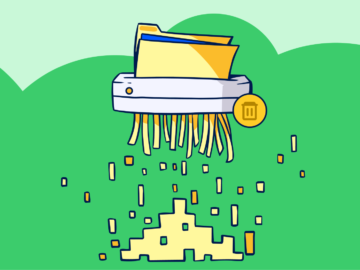 An illustration of a physical file shredding device, where the paper is being shred into pixelated bits and pieces