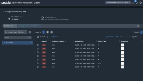 Screenshot of the Tenable Attack Surface Management Explore interface showing a query filtered by