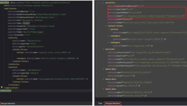 The vulnerable MTCommonActivity activity is added to the merged manifest (Source - Microsoft)