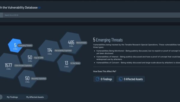 Tenable Vulnerability Management screenshot showing its vulnerability database